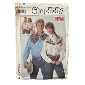 80s Simplicity 7808 Western Shirt Size Medium 35-36.5 Sewing Pattern Vintage CUT